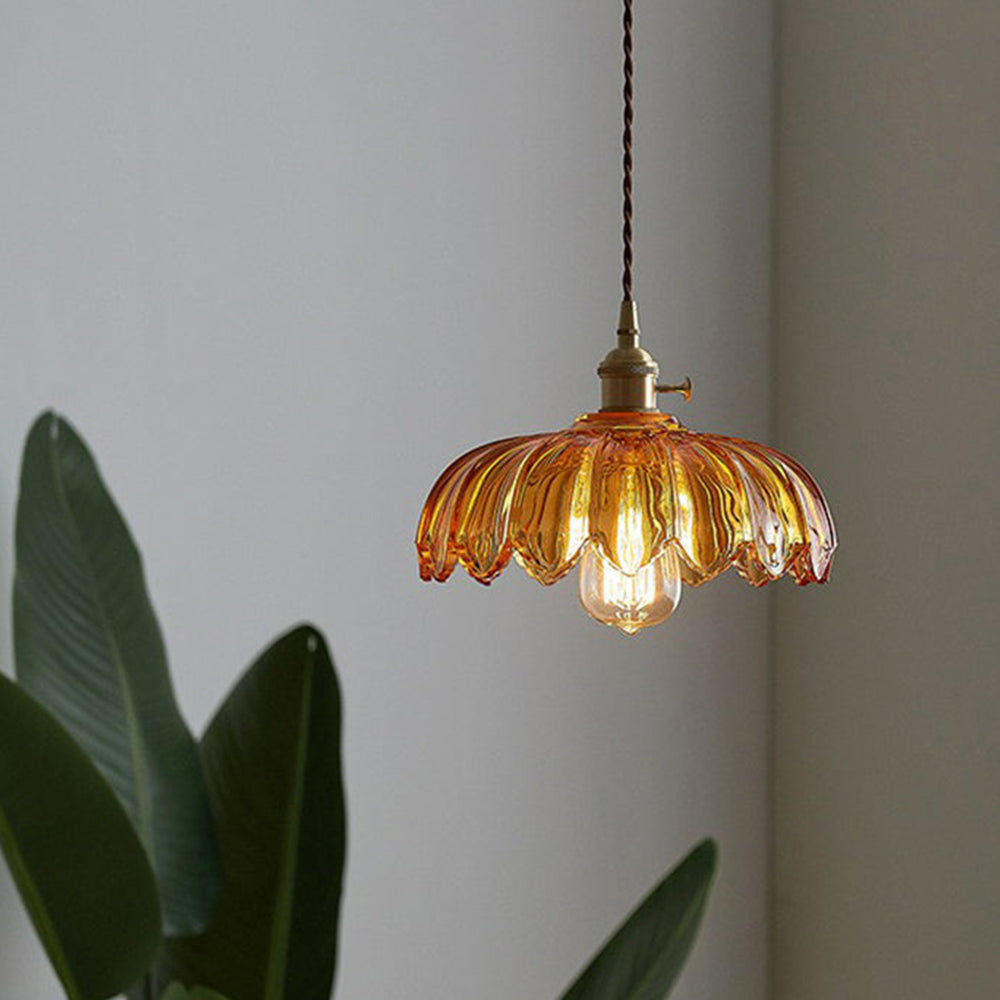 Vintage Ribbed Flower Glass Pendant Light