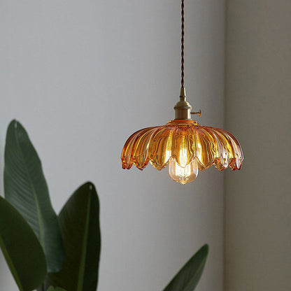Vintage Ribbed Flower Glass Pendant Light