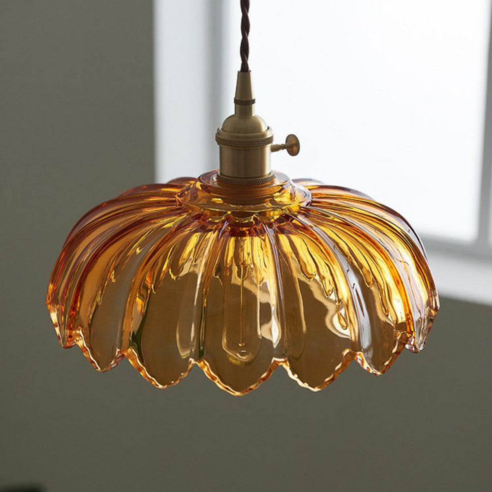 Vintage Ribbed Flower Glass Pendant Light