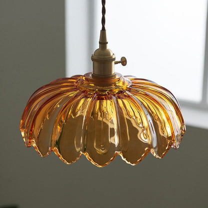 Vintage Ribbed Flower Glass Pendant Light