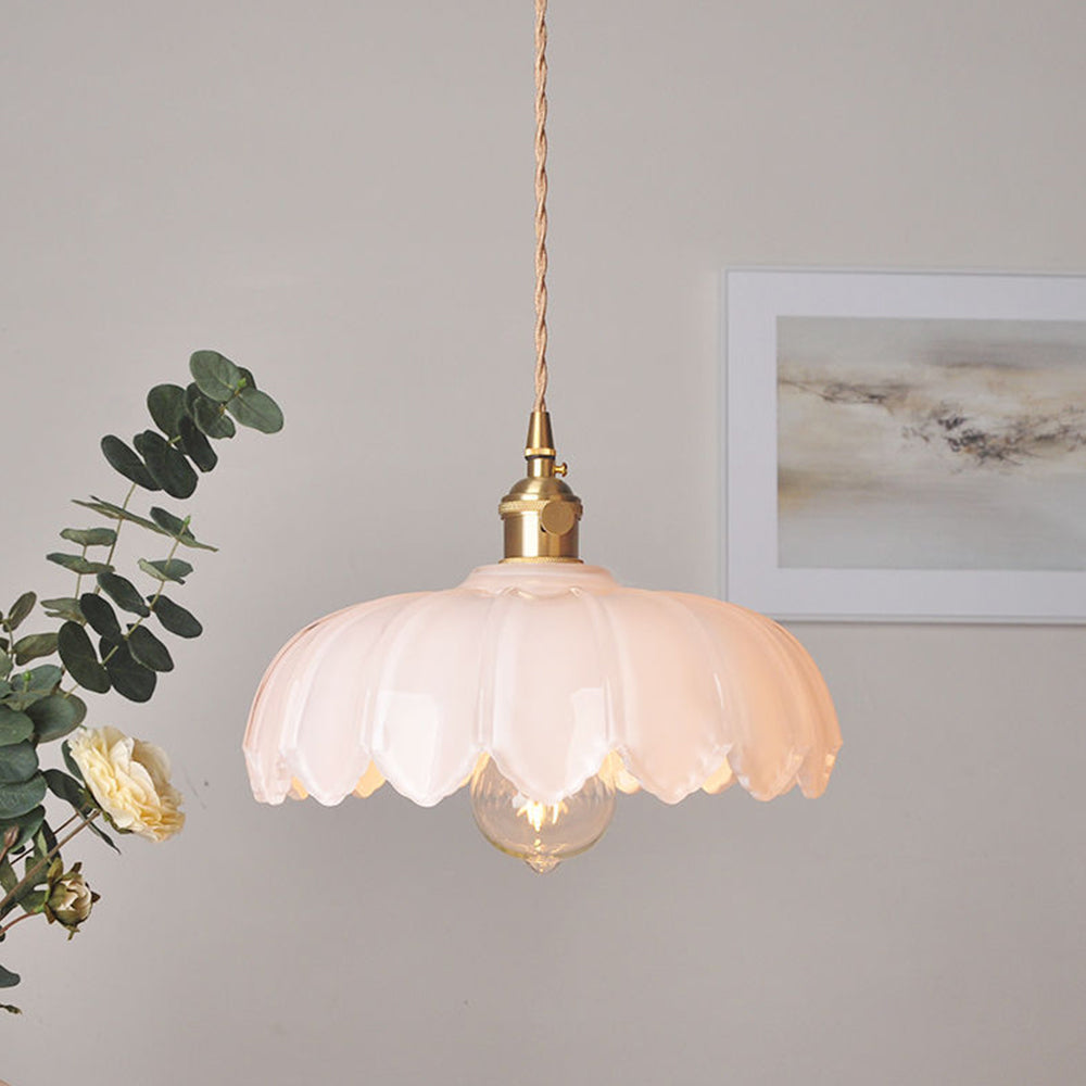 Vintage Ribbed Flower Glass Pendant Light
