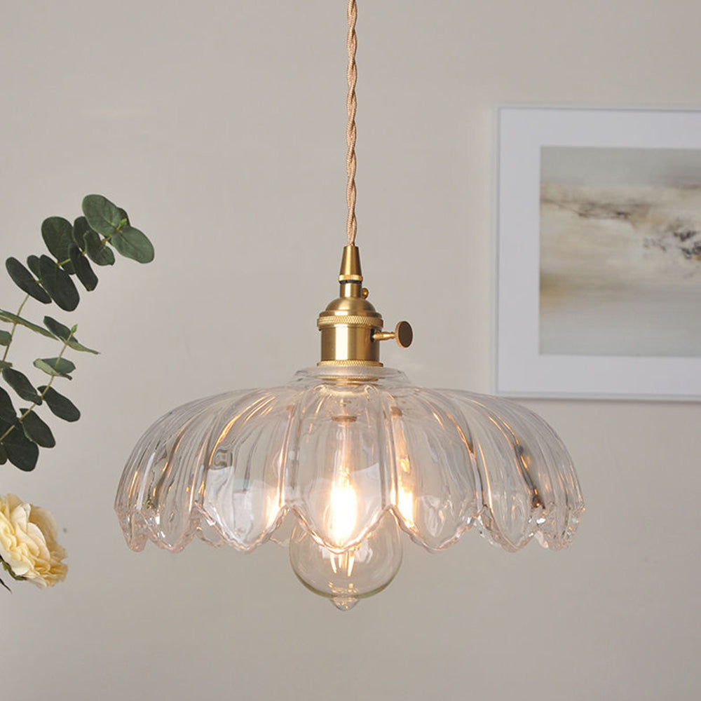 Vintage Ribbed Flower Glass Pendant Light