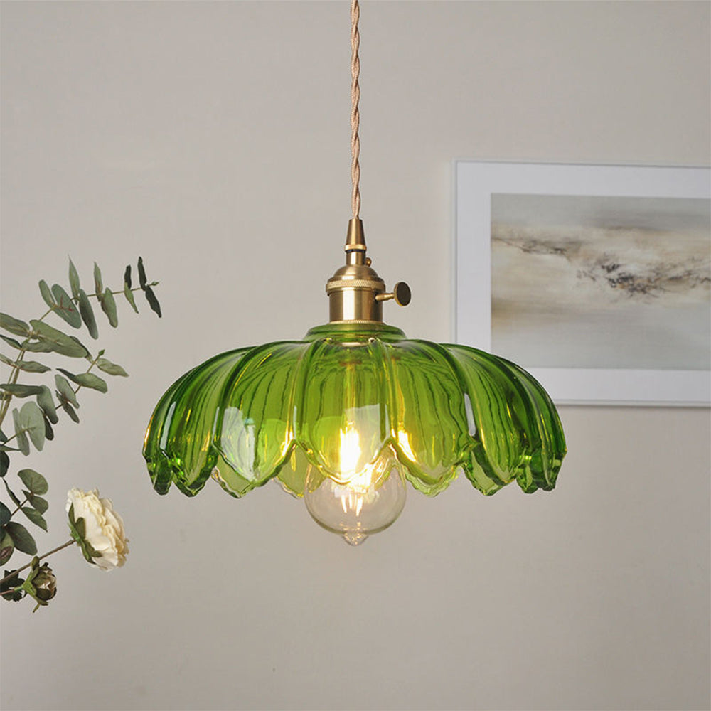 Vintage Ribbed Flower Glass Pendant Light
