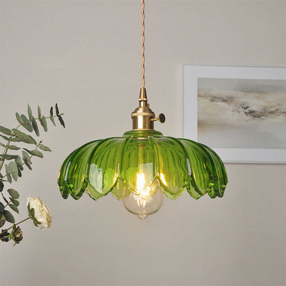 Vintage Ribbed Flower Glass Pendant Light