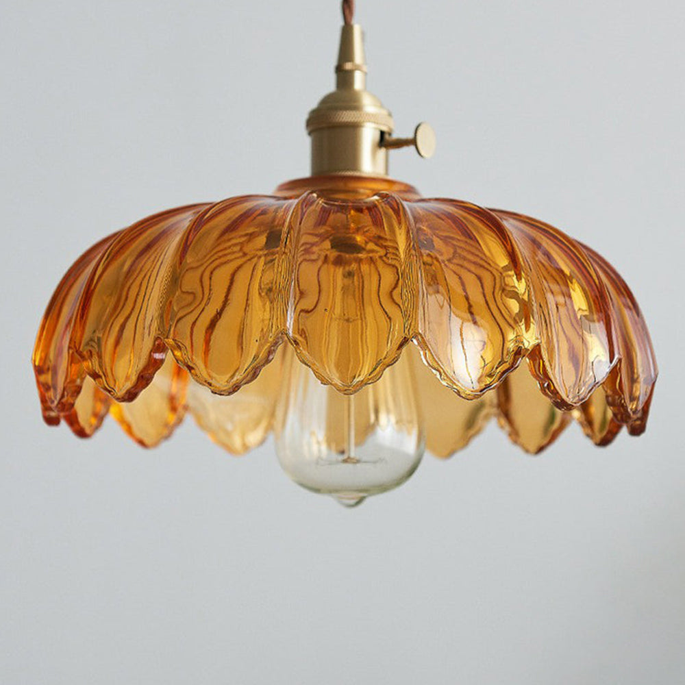 Vintage Ribbed Flower Glass Pendant Light