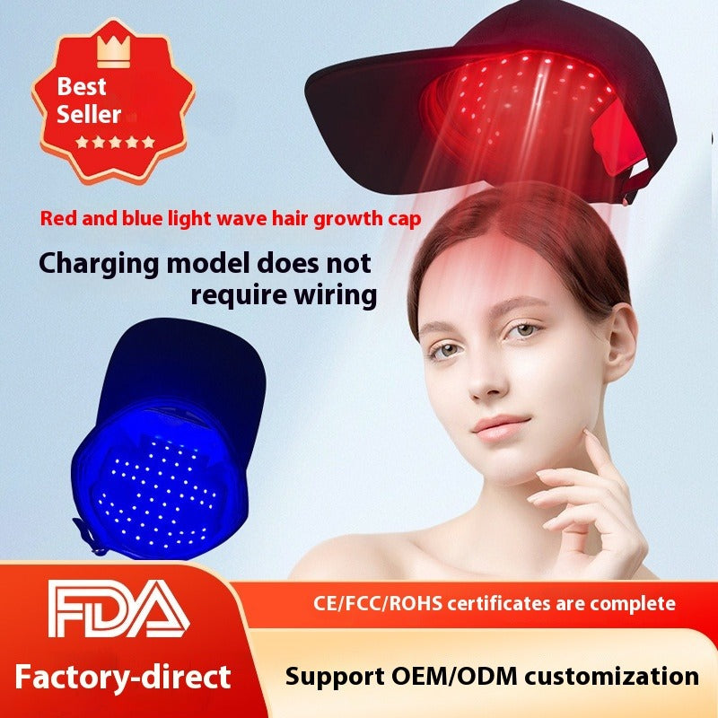 LED Blue Light Hair Growth Cap worn on head showing lightweight, flexible fit