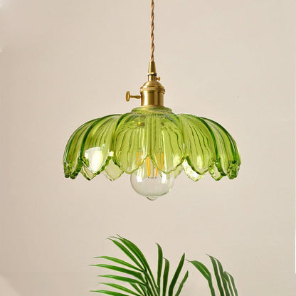 Vintage Ribbed Flower Glass Pendant Light