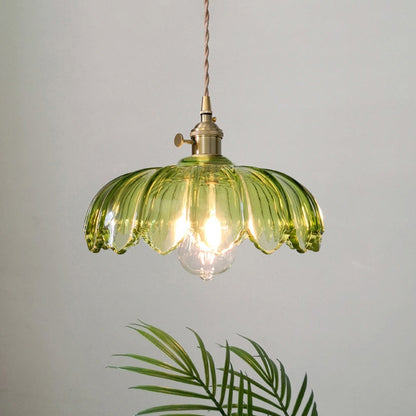 Vintage Ribbed Flower Glass Pendant Light