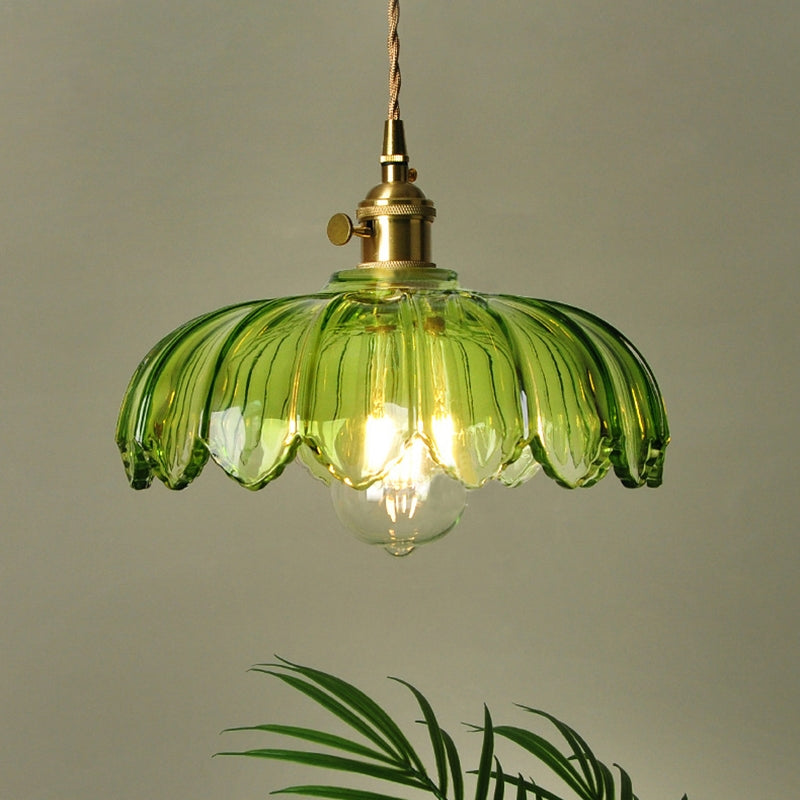 Vintage Ribbed Flower Glass Pendant Light