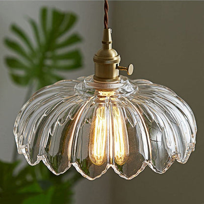Vintage Ribbed Flower Glass Pendant Light