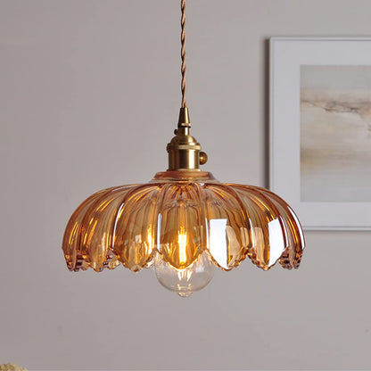 Vintage Ribbed Flower Glass Pendant Light